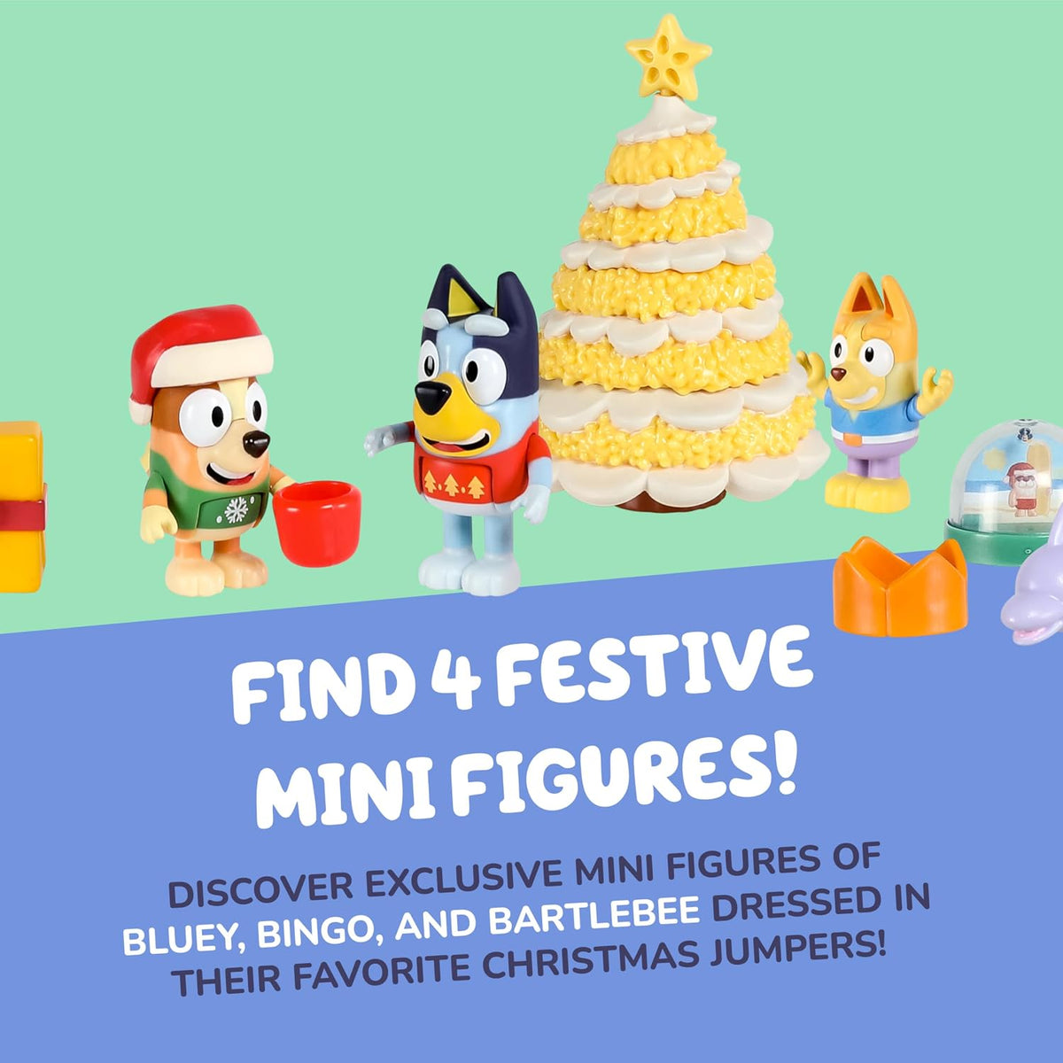 Figurines Bluey, Bingo et Bartlebee en pull de Noël