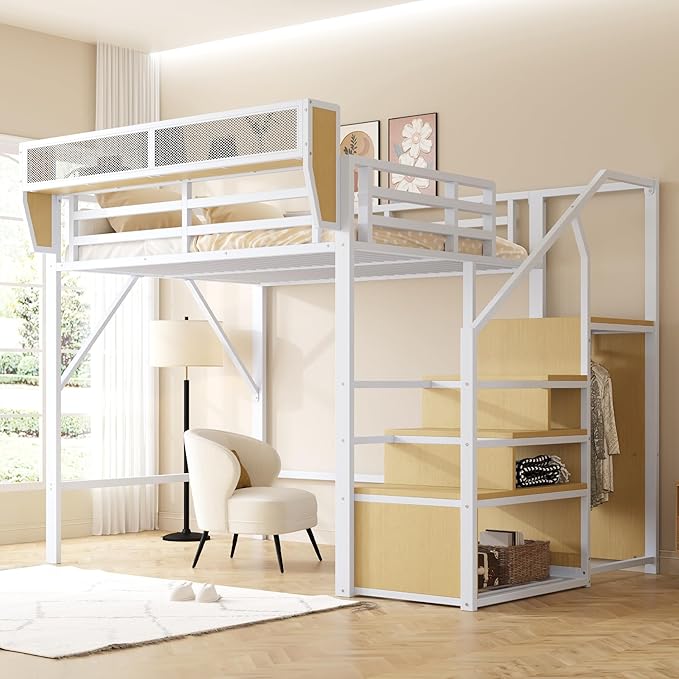 Lit mezzanine 140x200 en métal – blanc avec étagère Merax