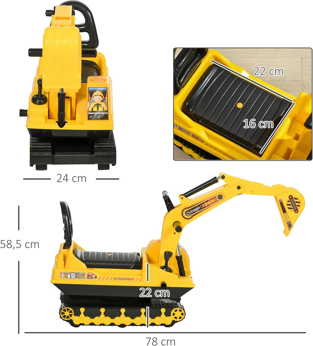 Porteur enfant tractopelle avec coffre + klaxon + pelle pivotante