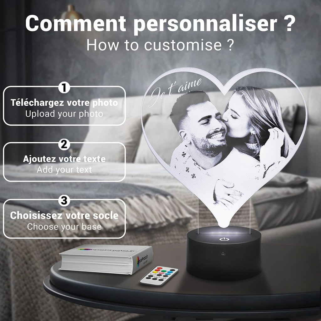 Lampe photo 3D personnalisée en forme de cœur