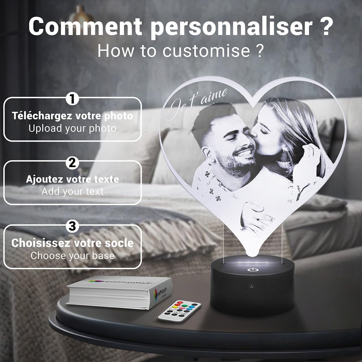 Lampe photo 3D personnalisée en forme de cœur