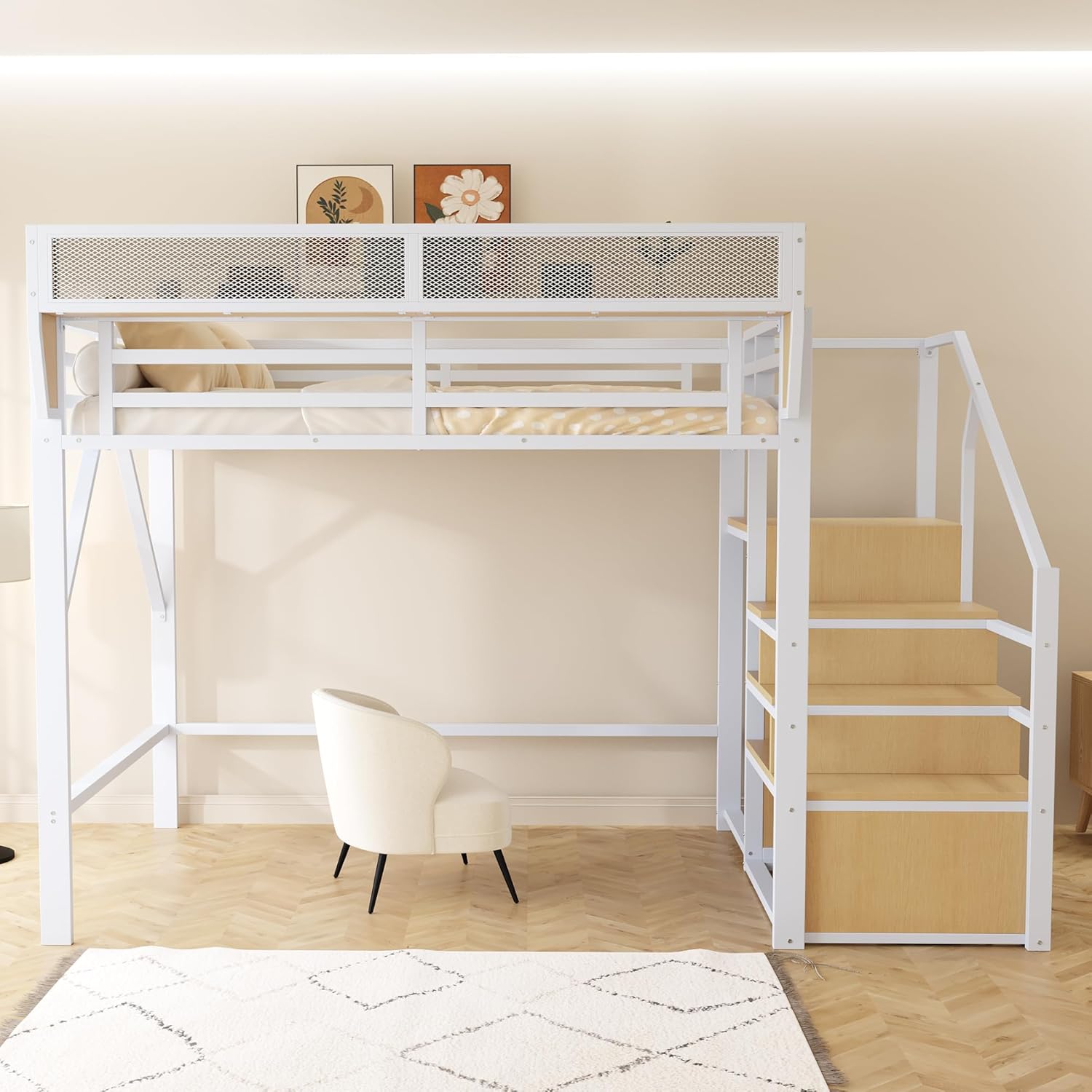Lit mezzanine 140x200 en métal – blanc avec étagère Merax