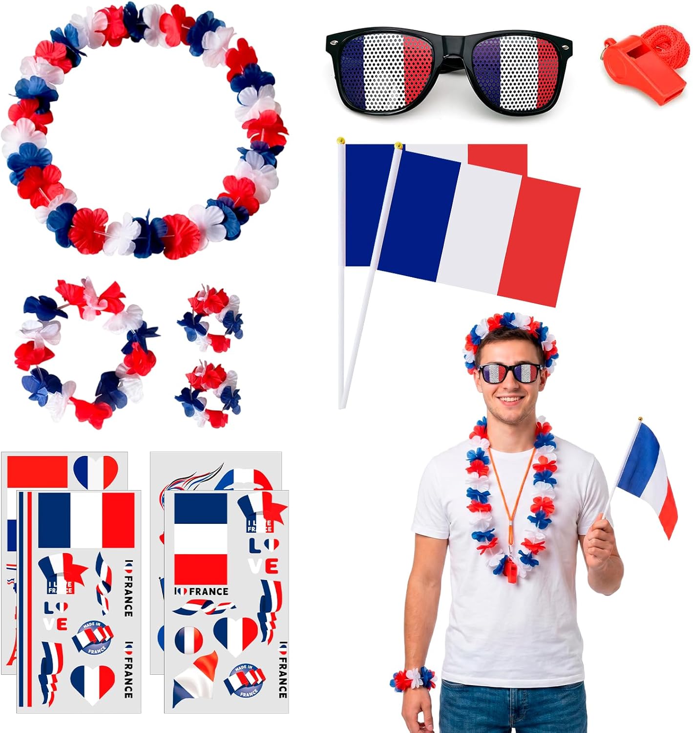 Kit supporter France (lunettes, sifflet, drapeaux)