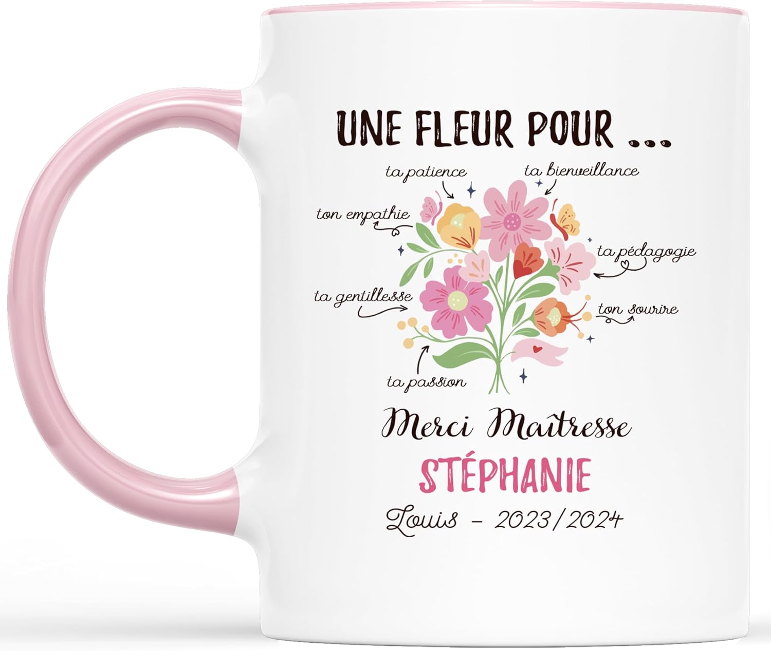 Mug personnalisé « Merci Maîtresse » prénom (cœurs)