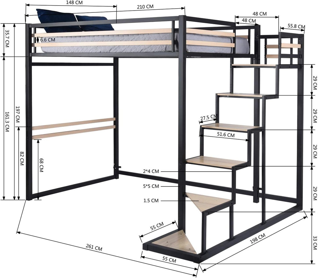 Lit mezzanine 2 places 140x200 style industriel chêne & métal - Meuble Cosy