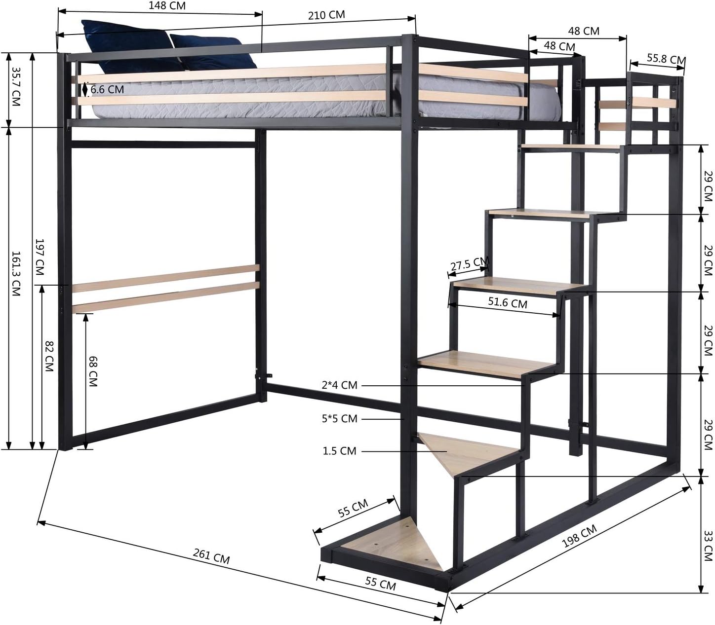 Lit mezzanine 2 places 140x200 style industriel chêne & métal - Meuble Cosy