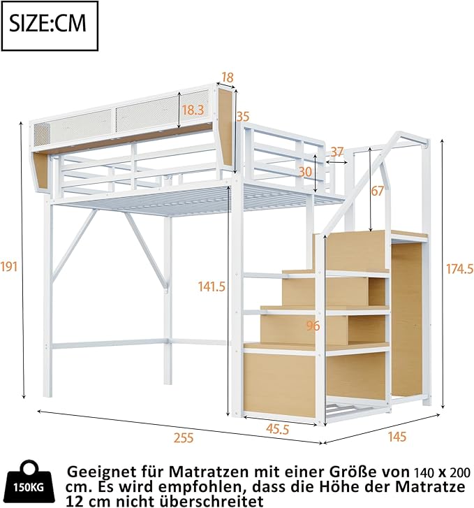 Lit mezzanine 140x200 en métal – blanc avec étagère Merax