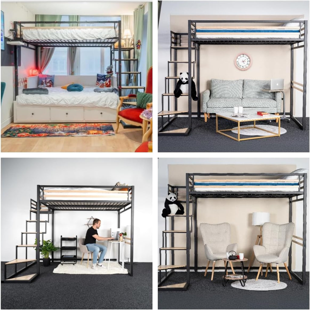 Lit mezzanine 2 places 140x200 style industriel chêne & métal - Meuble Cosy