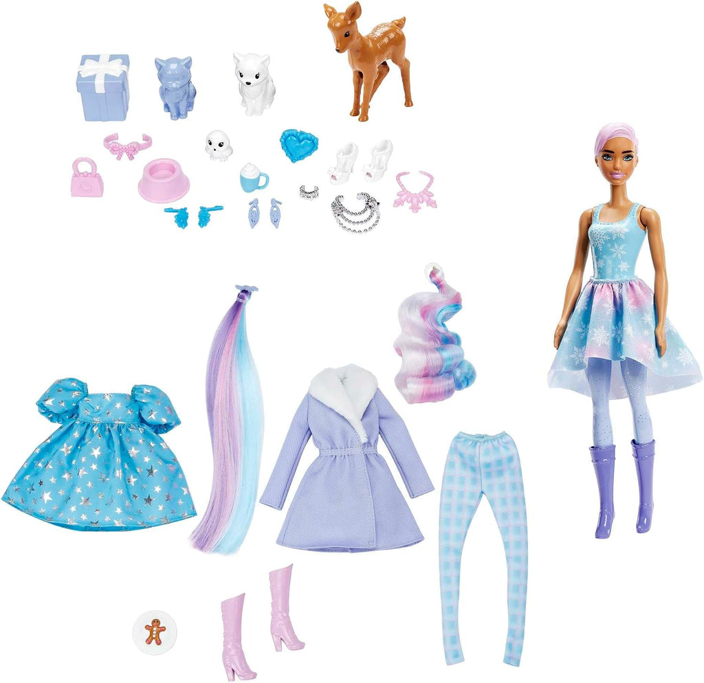 Contenu du calendrier Barbie Color Reveal : poupée, animaux, vêtements et accessoires