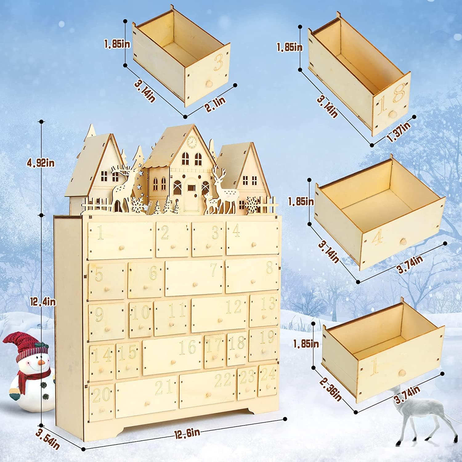 Calendrier de l’Avent en bois en forme de maison, sapin ou village