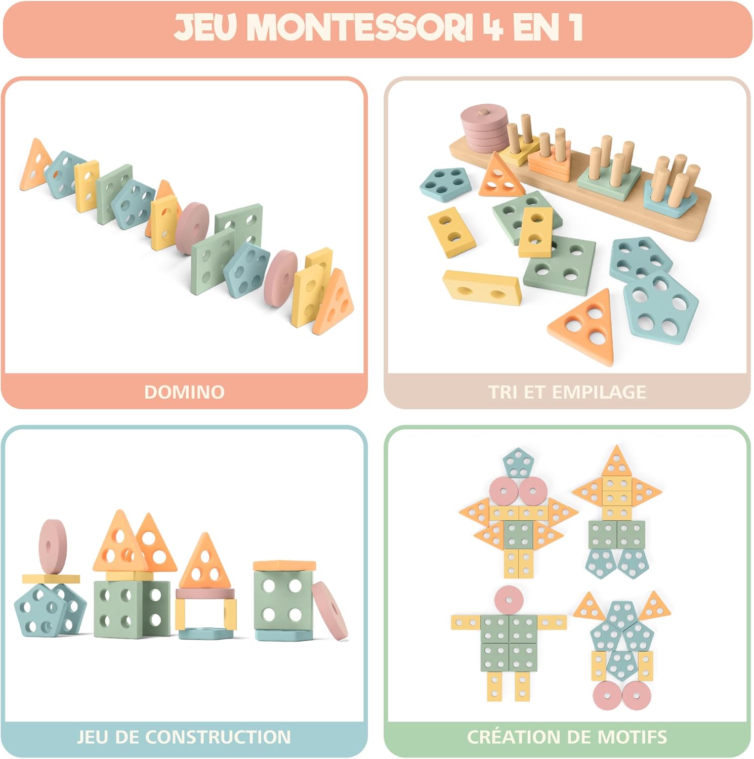 Jouet Montessori en bois : empiler + trier couleurs pastel (1–3 ans)