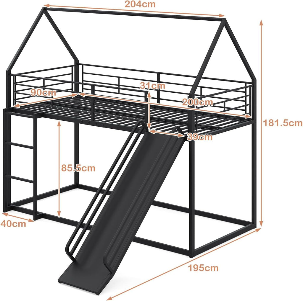 Lit mezzanine en métal noir avec toboggan