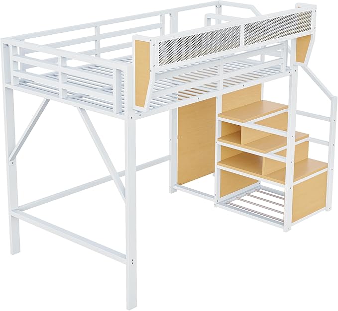 Lit mezzanine 140x200 en métal – blanc avec étagère Merax