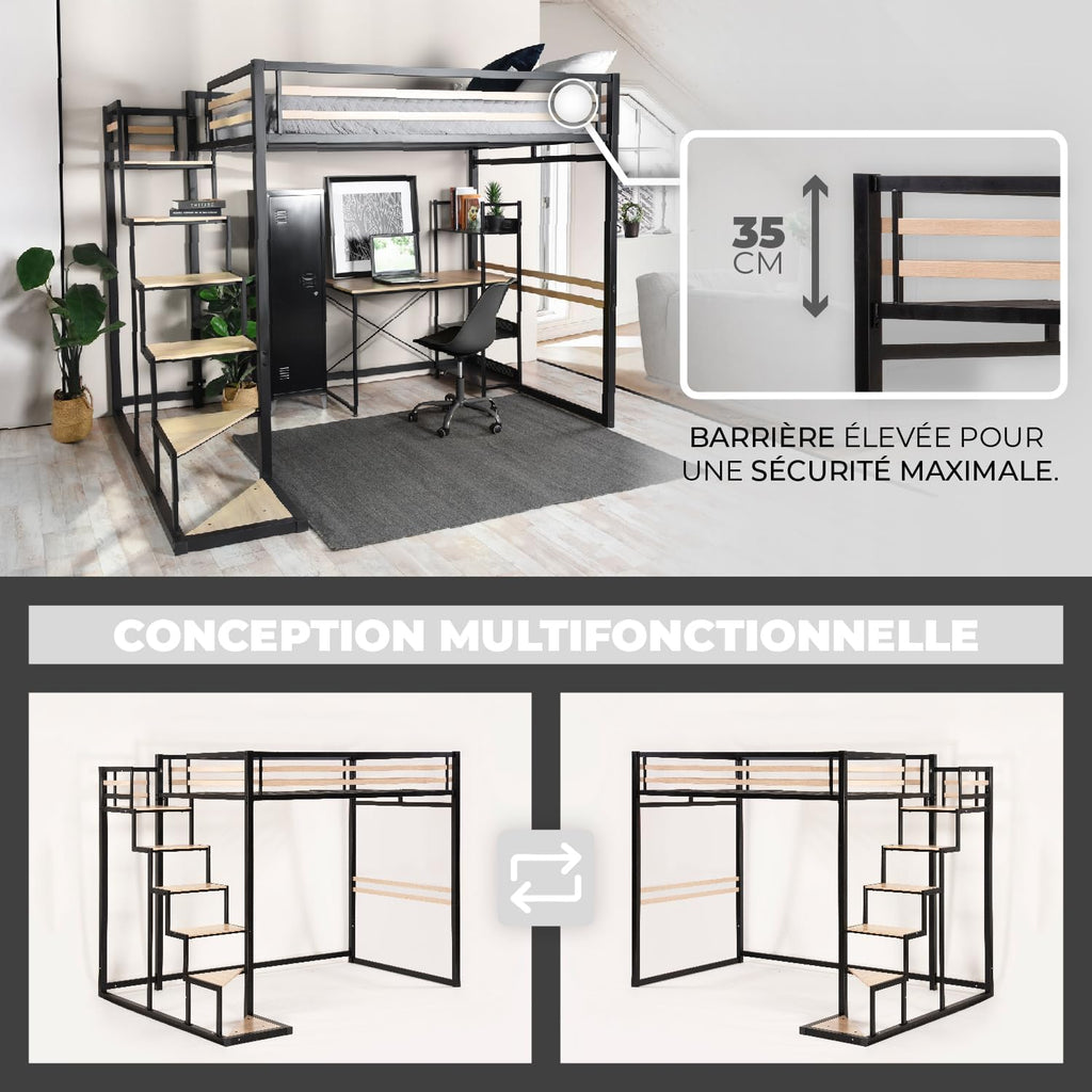 Lit mezzanine 2 places 140x200 style industriel chêne & métal - Meuble Cosy