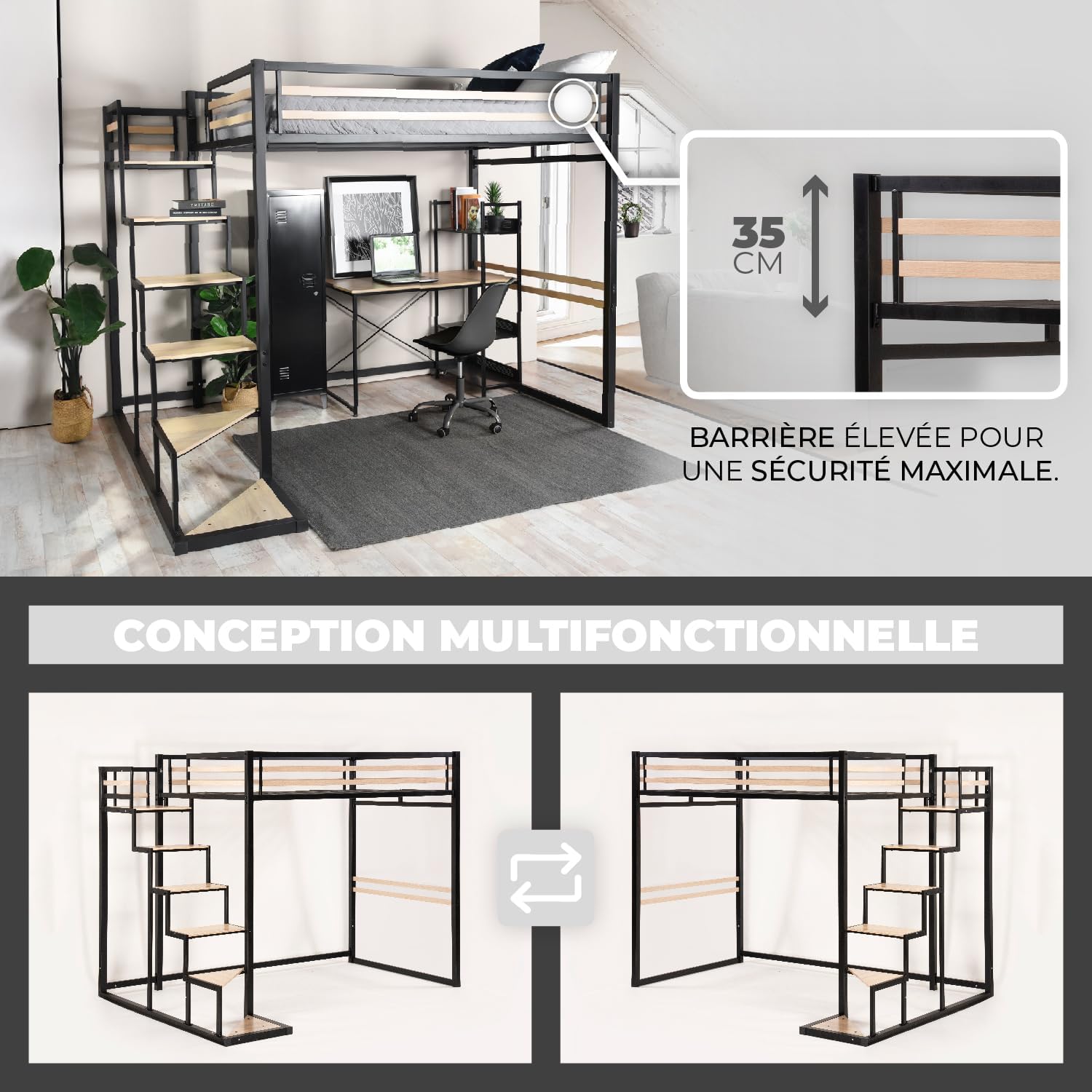 Lit mezzanine 2 places 140x200 style industriel chêne & métal - Meuble Cosy