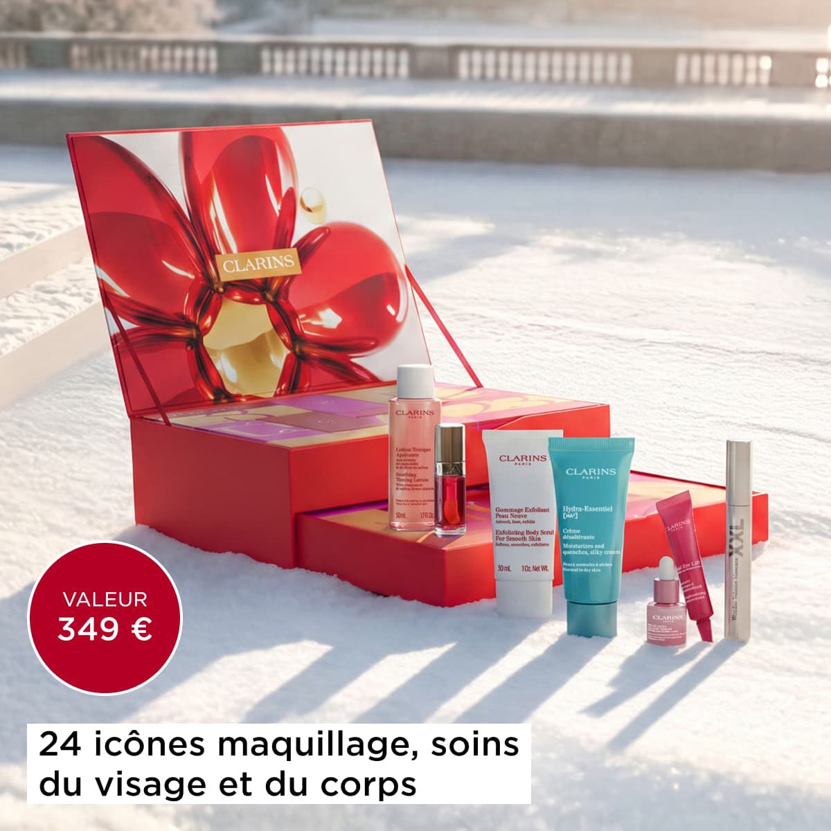 Contenu du calendrier de l'Avent Clarins 2026 : soins visage, corps et maquillage