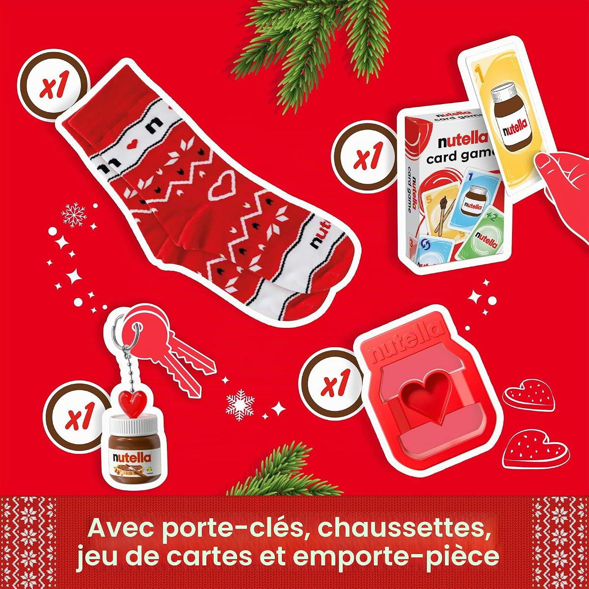 Goodies du calendrier de l'Avent Nutella : chaussettes, jeu de cartes, porte-clés