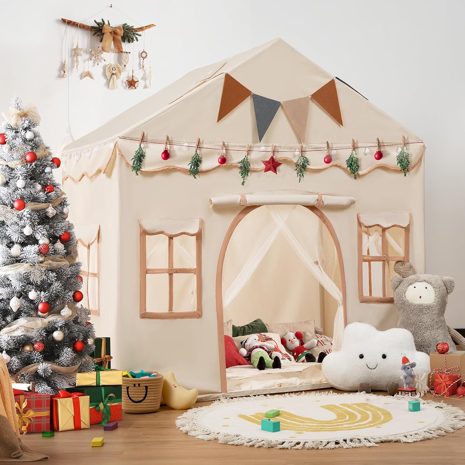 Cabane enfant 2-en-1 avec tapis, lumières & fanions - Besrey