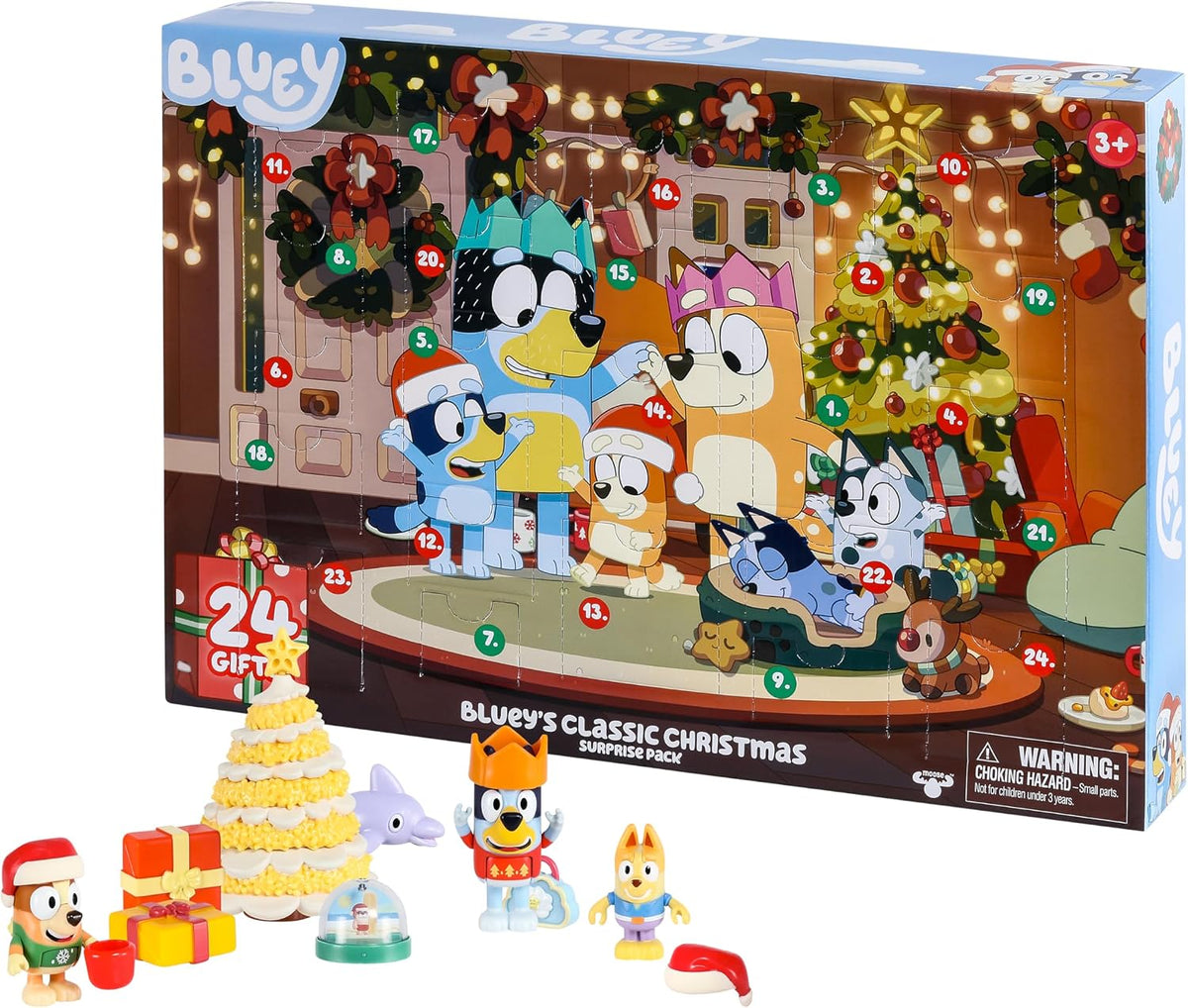Calendrier de l'Avent Bluey Classic Christmas Moose Toys, boîte et figurines