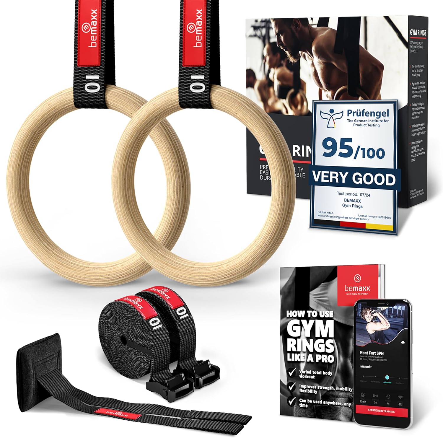 Anneaux de gymnastique en bois BeMaxx avec sangles