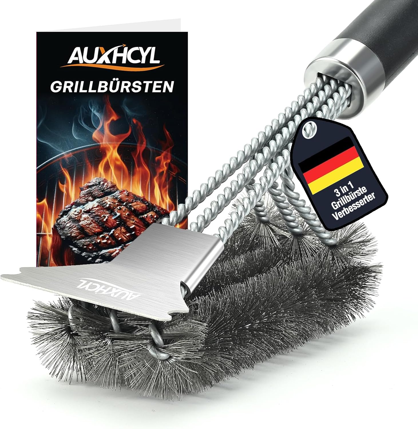 Brosse de barbecue 3-en-1 en acier inox avec grattoir