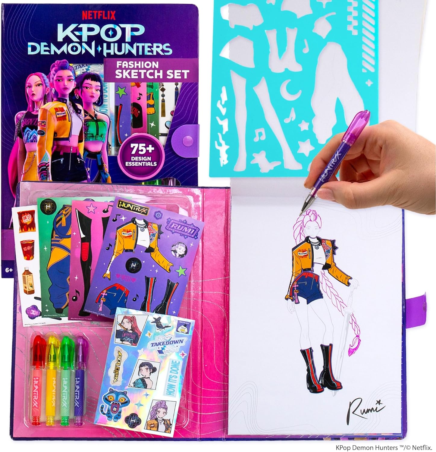 KPop Demon Hunters — Fashion Sketch Set (coloriage + stylos gel + stickers)