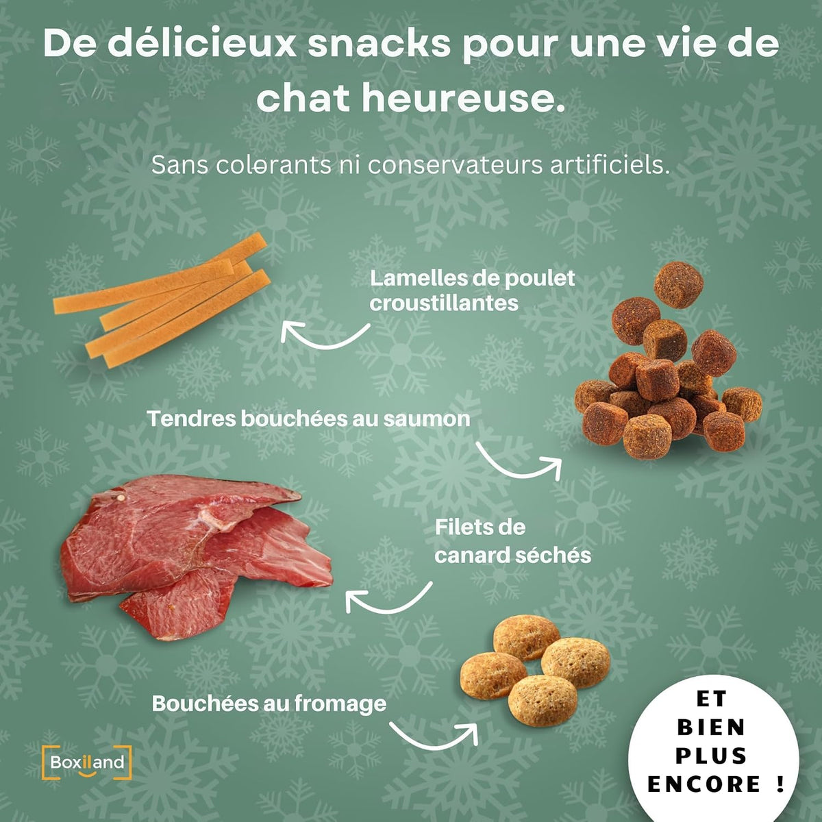 Friandises du calendrier de l'Avent Chat Boxiland : poulet, saumon, canard, fromage