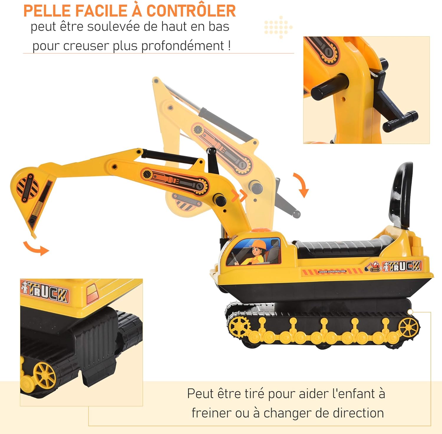 Porteur enfant tractopelle avec coffre + klaxon + pelle pivotante