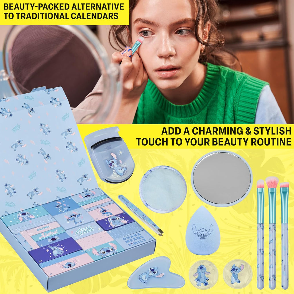 Coffret calendrier de l’Avent beauté Stitch ouvert avec pinceaux, miroir et gua sha