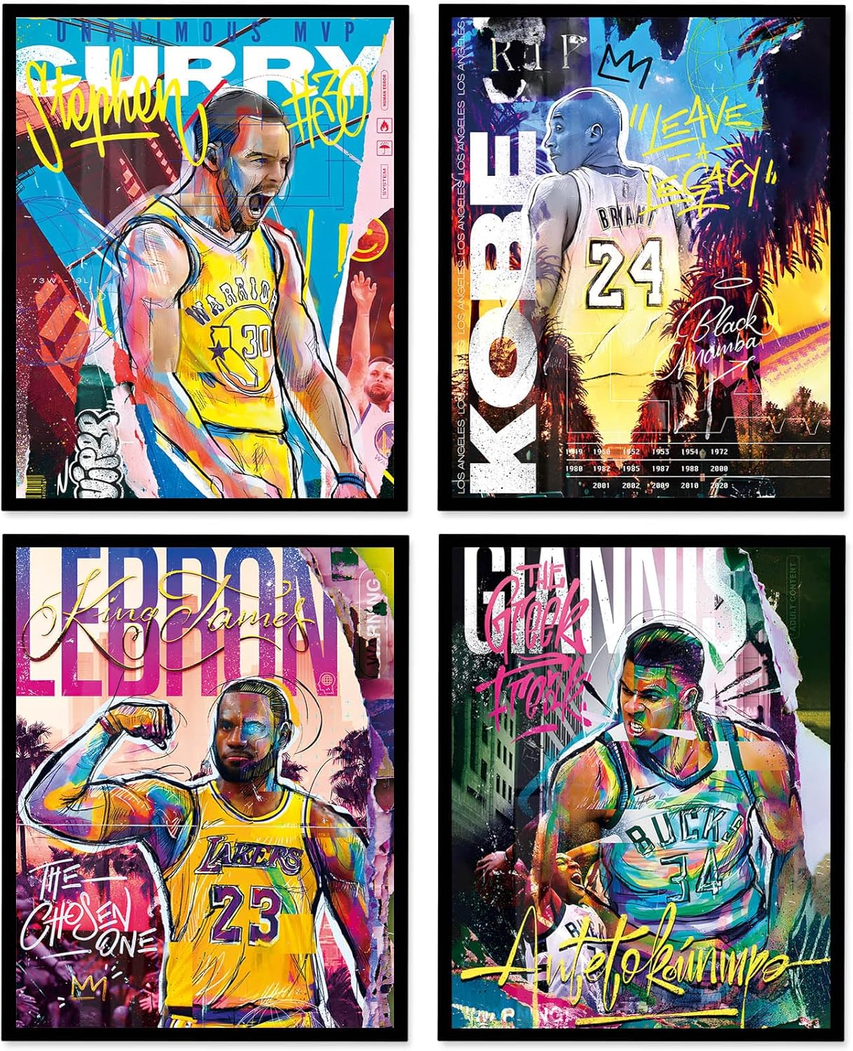 Lot de 4 affiches stars de basket encadrées déco chambre