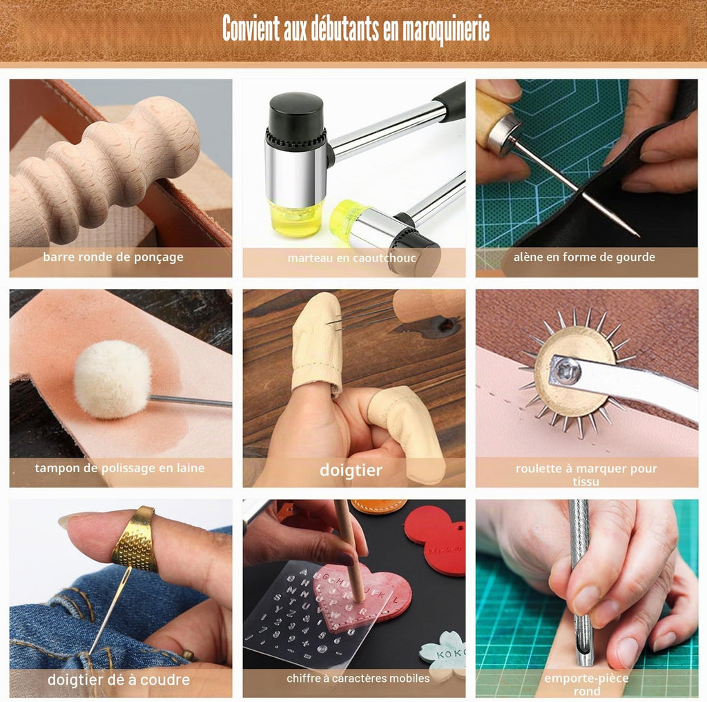 Outils inclus : maillet, alêne, roulette, emporte-pièce