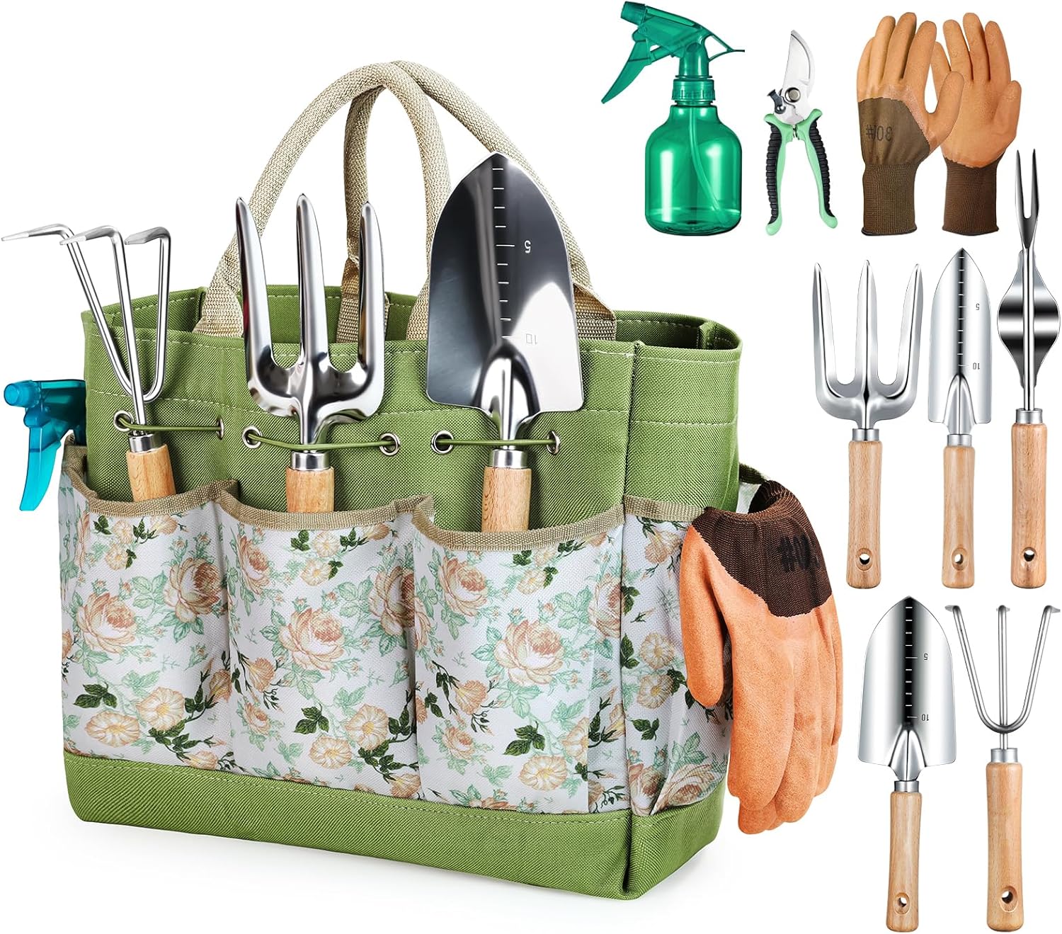 Ensemble de 9 outils de jardinage en inox avec sac