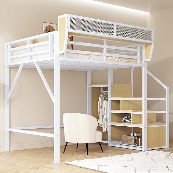Lit mezzanine 140x200 en métal – blanc avec étagère Merax