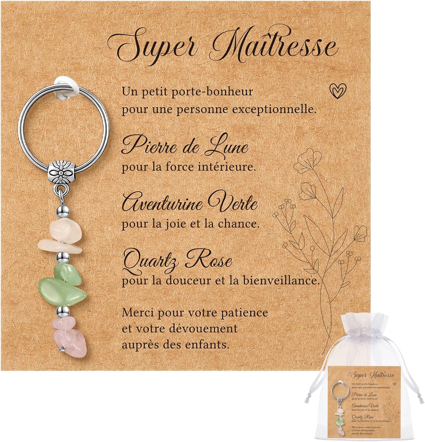 Porte-clés pierre naturelle + carte Maîtresse