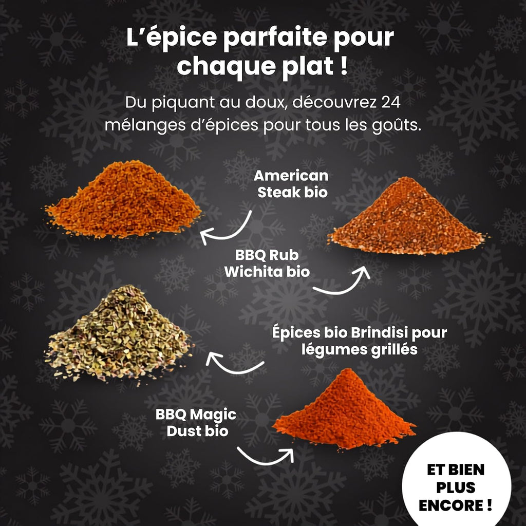 Calendrier de l'Avent BBQ Boxiland : American Steak, BBQ Rub Wichita, épices Brindisi, Magic Dust bio