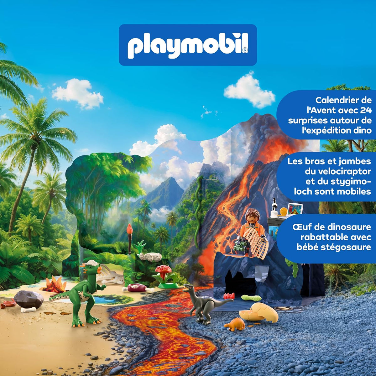 Calendrier de l'Avent Playmobil Expédition Dinosaures : diorama volcan et jungle