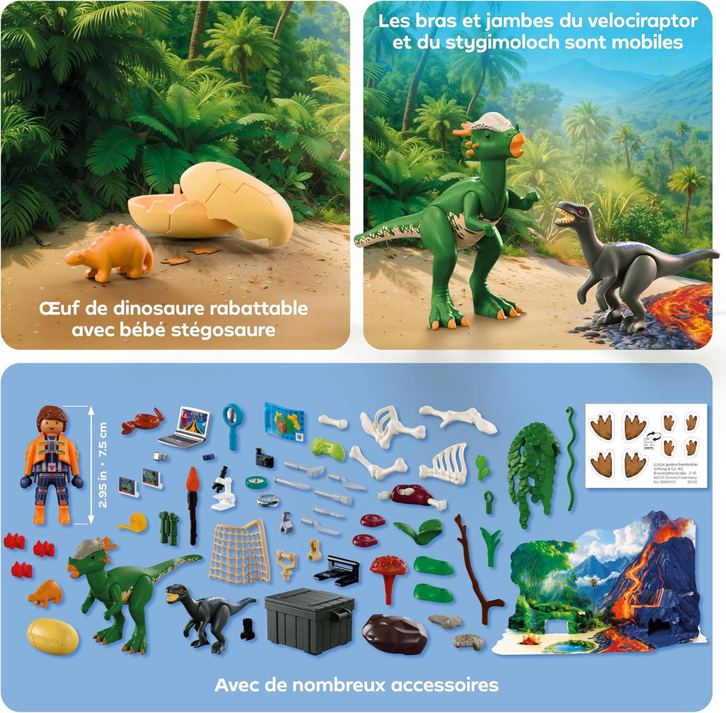 Contenu du calendrier de l'Avent Playmobil Dinosaures : vélociraptor, stygimoloch, œuf
