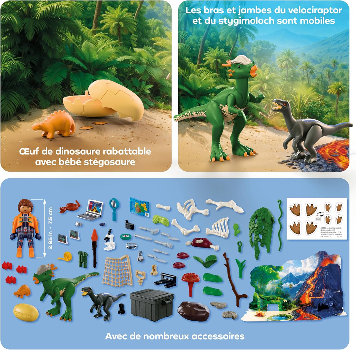 Contenu du calendrier de l'Avent Playmobil Dinosaures : vélociraptor, stygimoloch, œuf