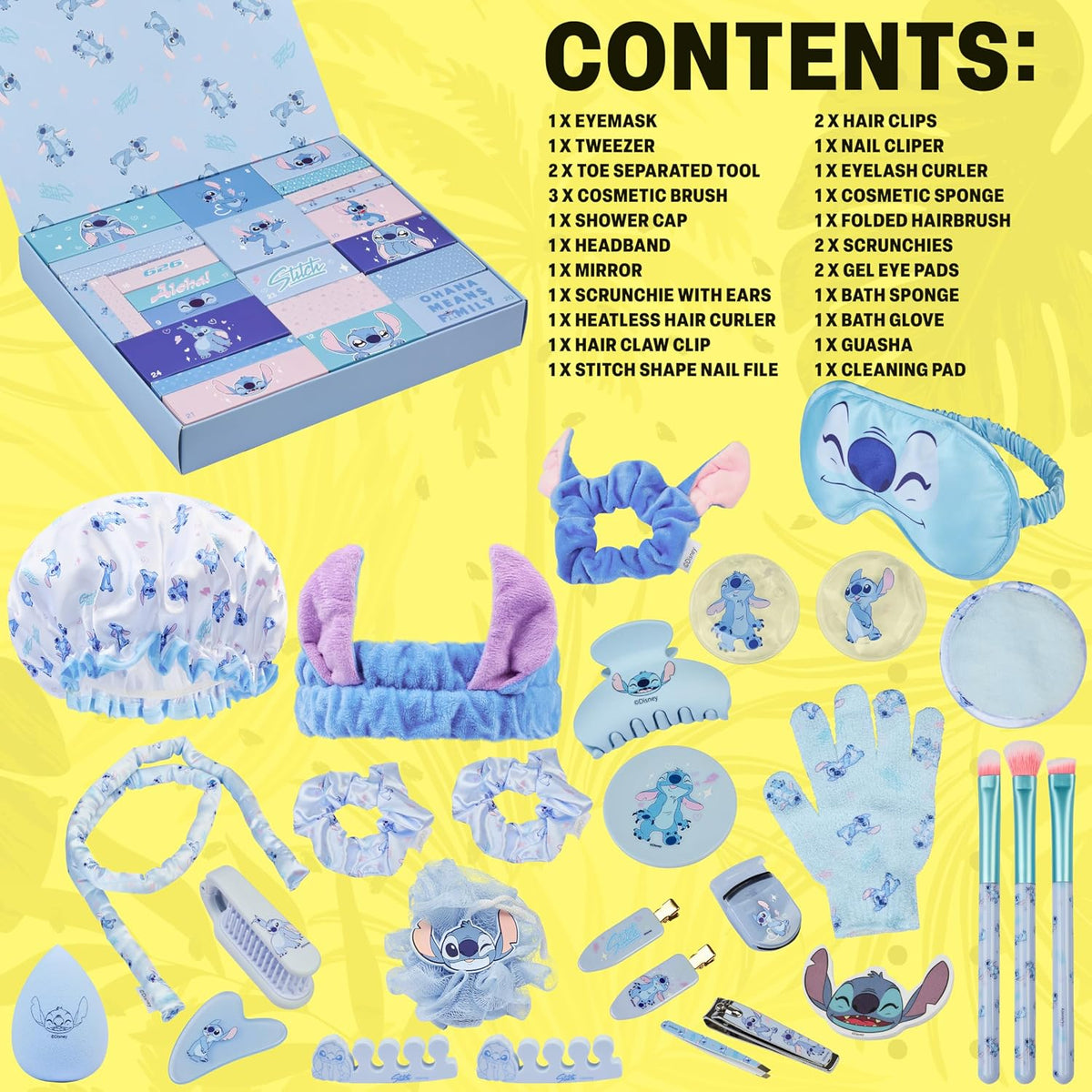 Contenu du calendrier de l’Avent beauté Stitch : 28 accessoires