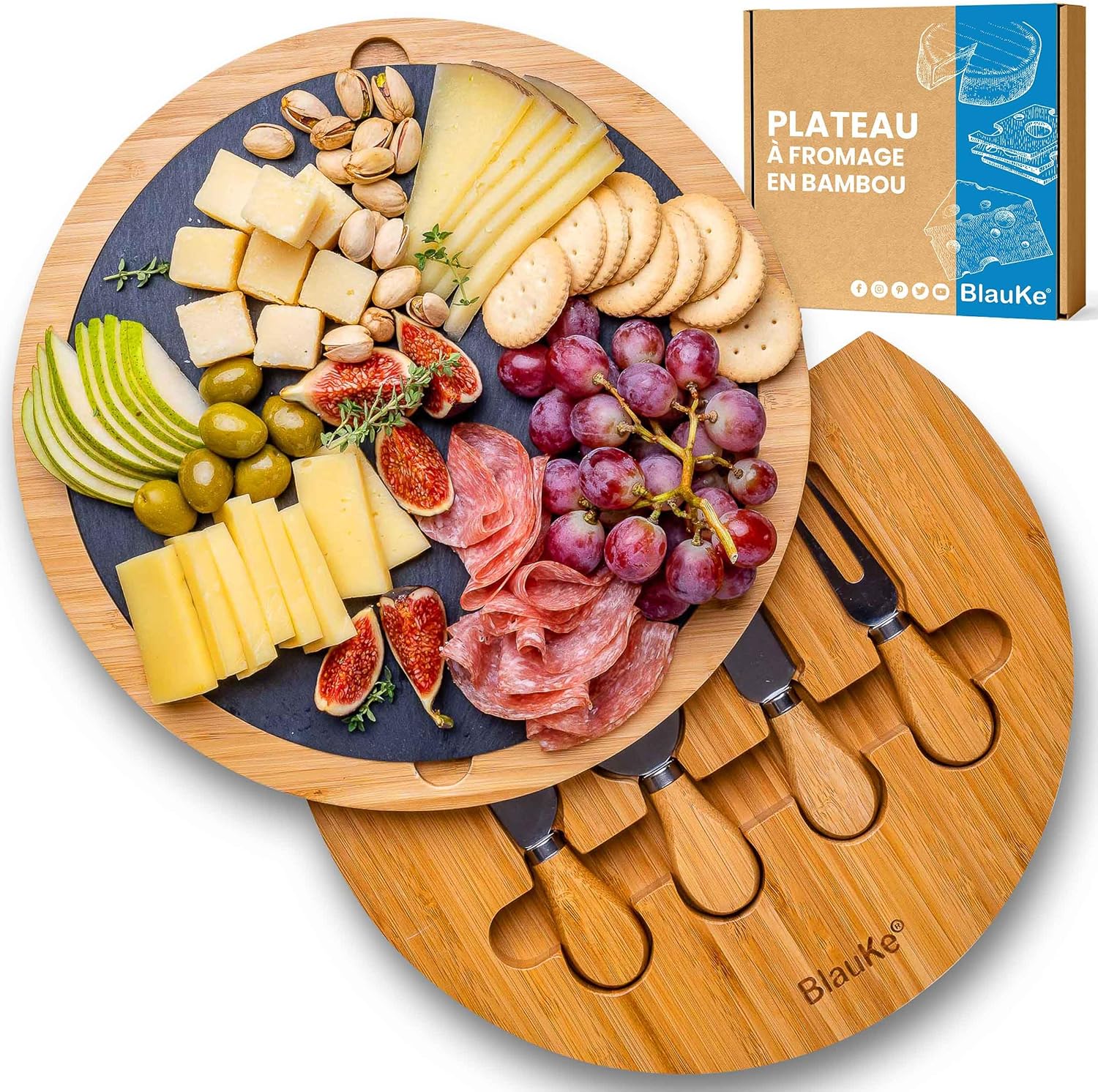 Plateau à fromages en bois + couteaux & ardoise