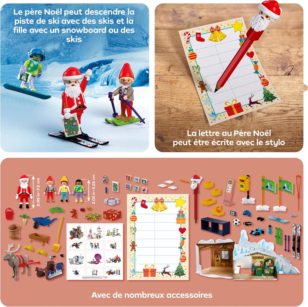 Contenu du calendrier de l'Avent Playmobil Au pôle Nord : Père Noël à ski et stylo