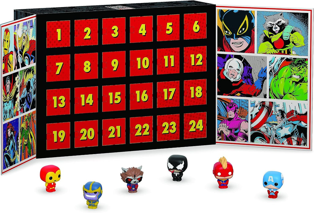 Calendrier de l'Avent Funko Marvel Comics ouvert avec mini-figurines Iron Man, Thanos, Rocket, Venom
