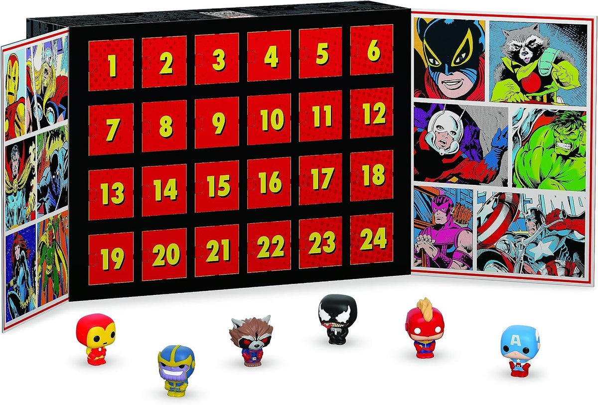 Calendrier de l'Avent Funko Marvel Comics ouvert avec mini-figurines Iron Man, Thanos, Rocket, Venom