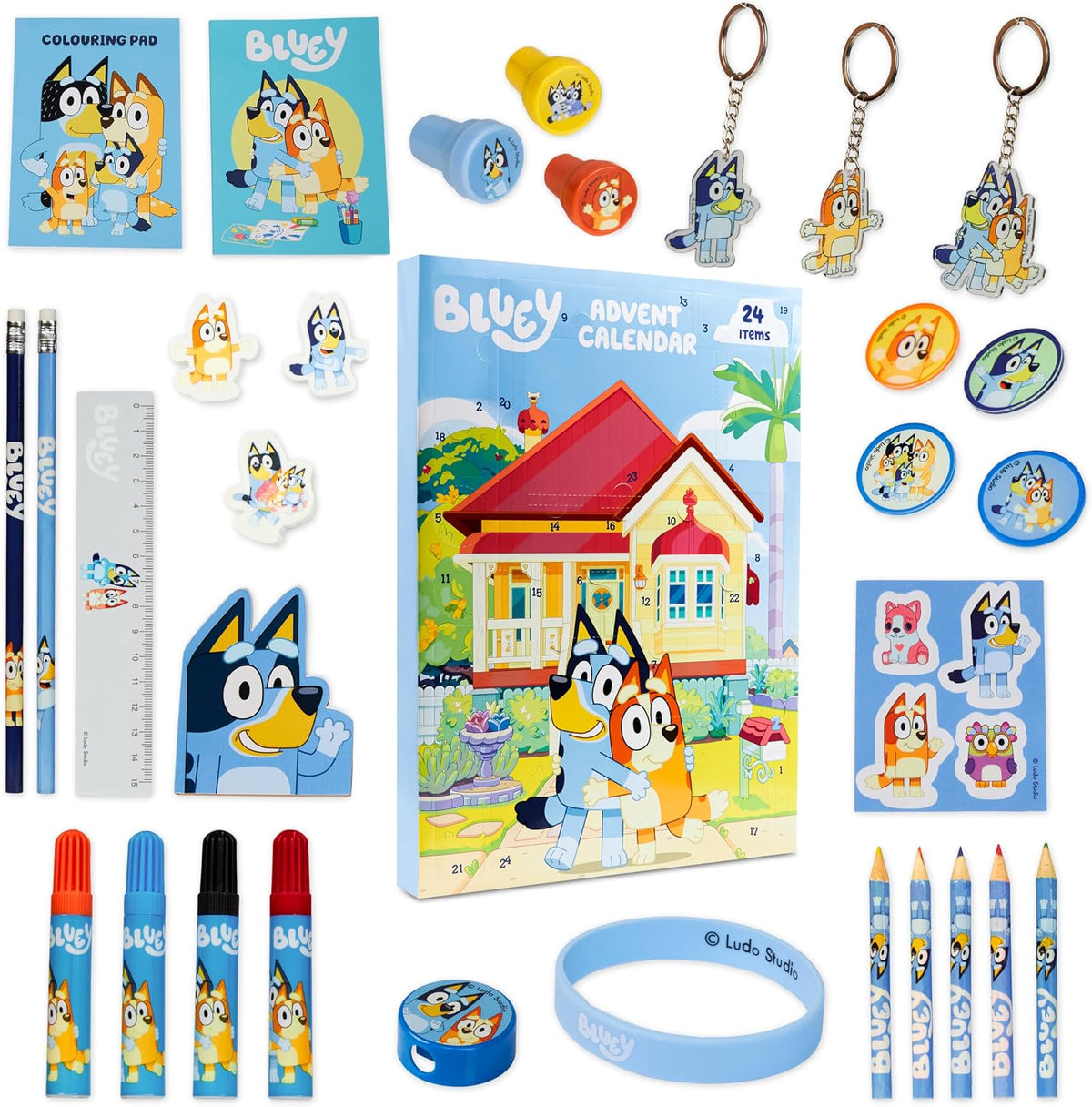 Calendrier de l'Avent Bluey papeterie, boîte et contenu