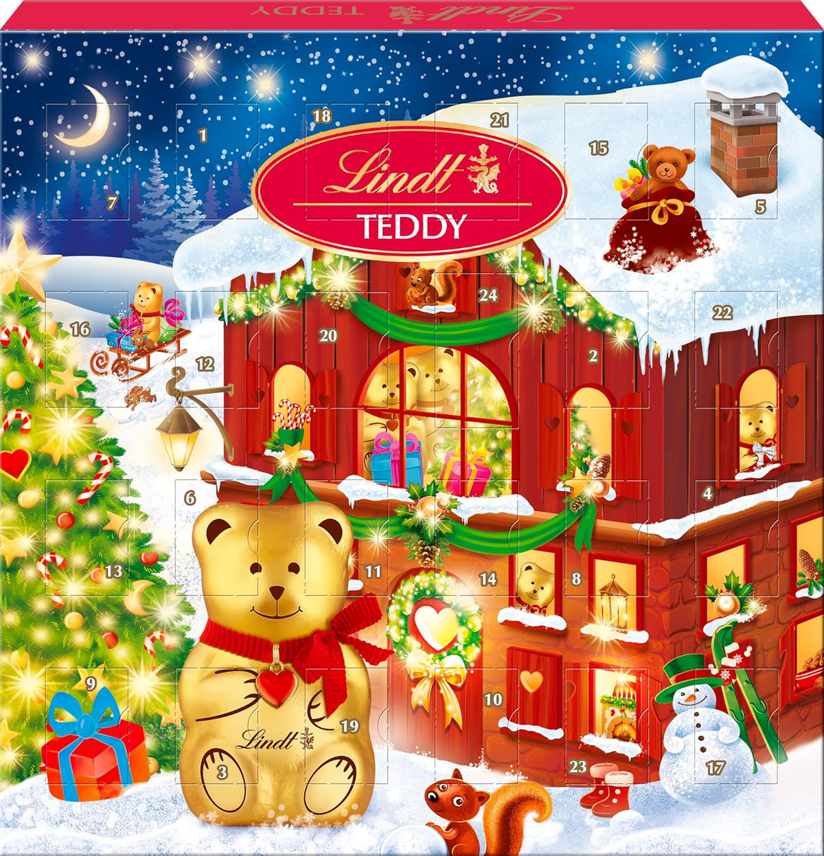 Calendrier de l'Avent Lindt TEDDY 113 g, chalet de Noël et ourson doré