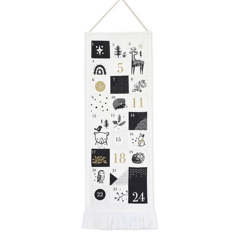 Calendrier de l’Avent Wee Gallery Festive Friends – tissu coton bio, 24 pochettes à remplir