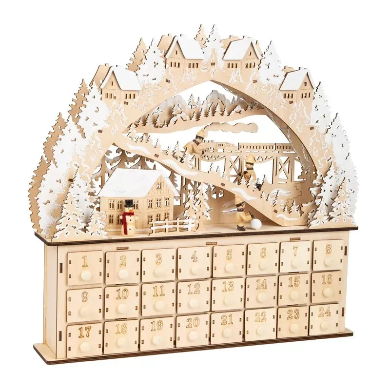 Calendrier de l’Avent Small Foot Plaisir du ski – bois lumineux LED, 24 tiroirs à remplir