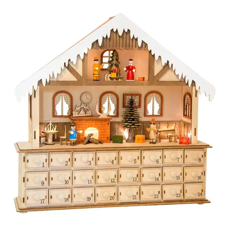 Calendrier de l’Avent Small Foot Salon illuminé – chalet en bois LED, 24 tiroirs à remplir