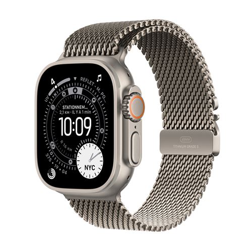 Apple Watch Ultra 3 GPS + Cellular 49mm Boitier en Titane Naturel avec Bracelet Milanais en titane naturel Large