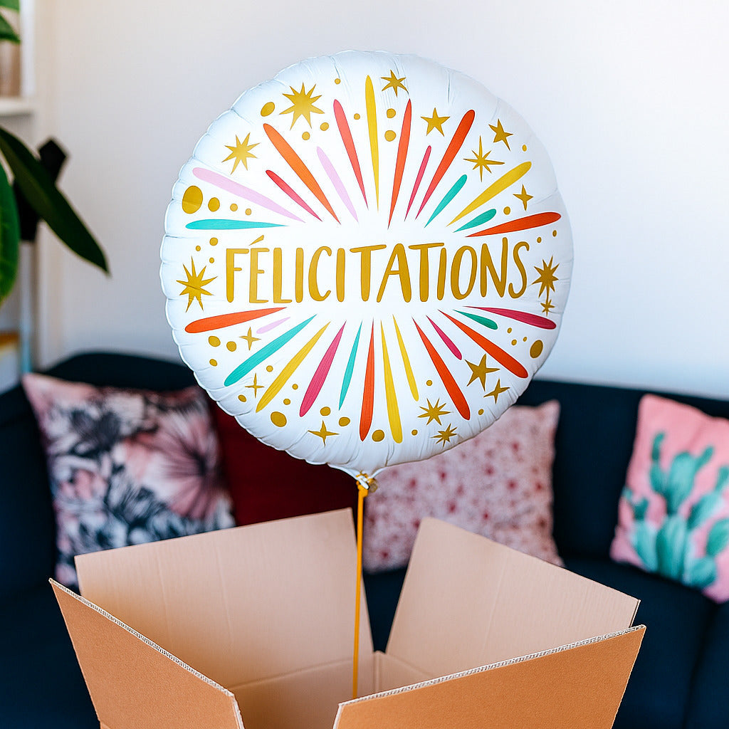 Box ballon félicitations gonflé à l'hélium festif
